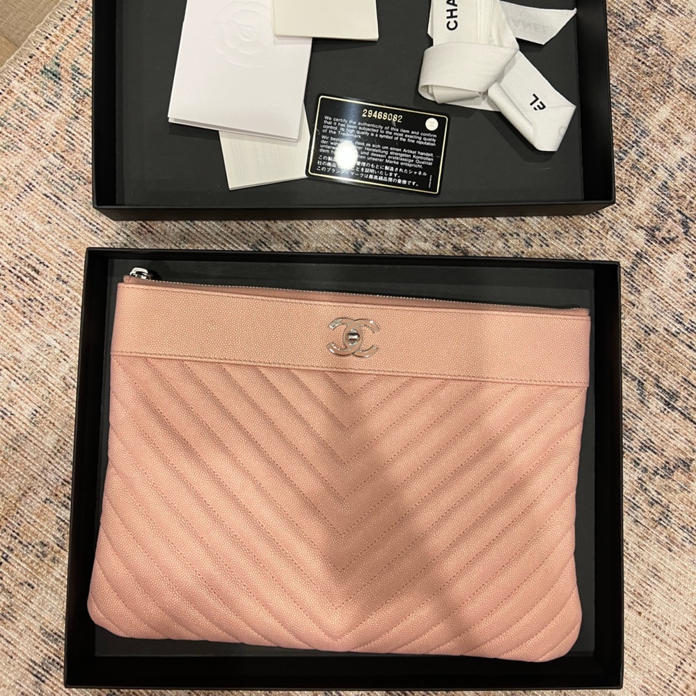 Chanel Pink Iridescent Chevron Caviar Pouch